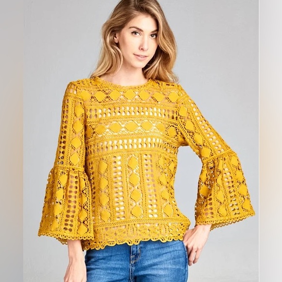 Ellison Mustard Lace Bell Sleeve Blouse - Picture 1 of 9